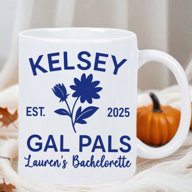 Tailorly White Ceramic 11 oz Mug - Kelsey Gal Pals Laurens Bachelorette Elegant Navy Blue Floral Silhouette Set Within Personalized Commemorative Event Flower