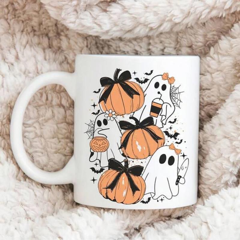 Tailorly White Ceramic 11 oz Mug - Adorable Halloween Pattern With Bow Tied Pumpkins And Cute Little Ghost