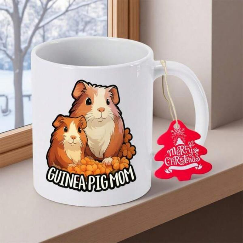 Tailorly White Ceramic 11 oz Mug - Guinea Pig Mom Adorable Brown And White Furry Pets Sitting Together In Cozy Nature Setting Guinea Pig