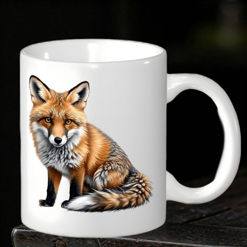 Tailorly White Ceramic 11 oz Mug - Graceful Wild Red Animal Sitting With Detailed Fur And Bushy Tail Fox