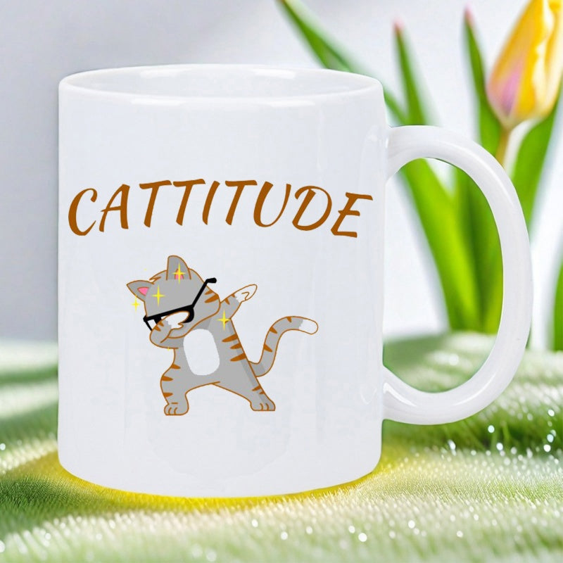 Tailorly White Ceramic 11 oz Mug - Cattitude Funny Grey Striped Tabby Wearing Glasses Dabbing In A Playful Stance Cat