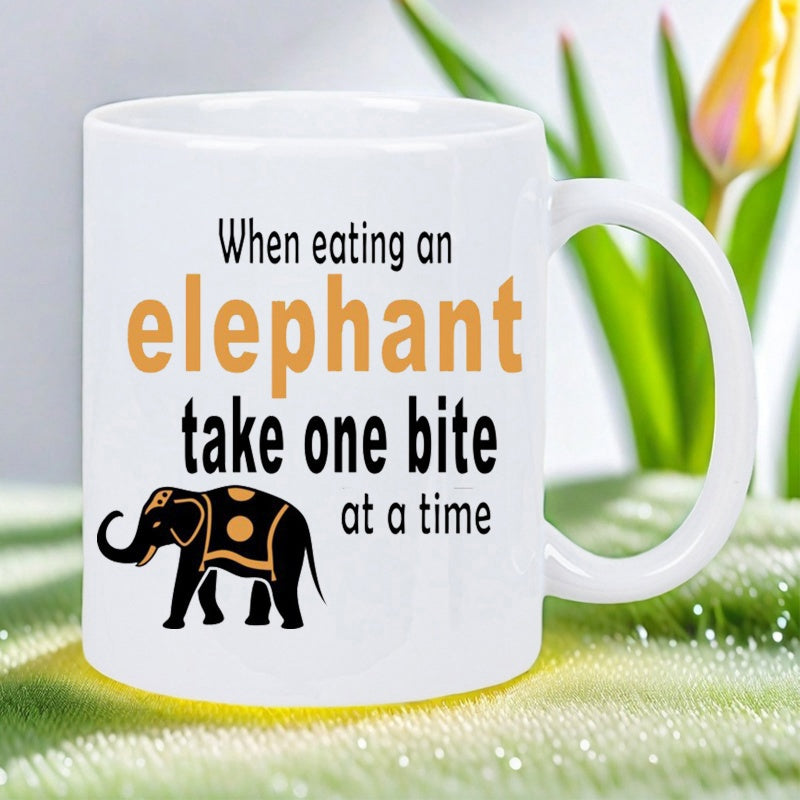 Tailorly White Ceramic 11 oz Mug - When Eating An Elephant Take One Bite At A Time Stylized Black Patterned Animal Standing Gracefully Under Bold Inspirational