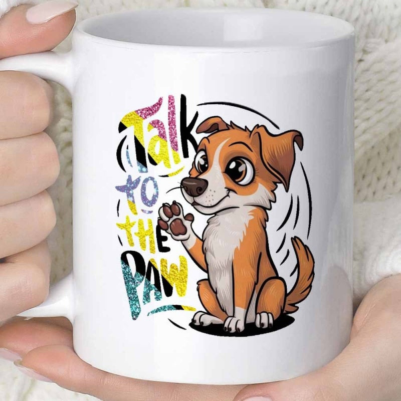 Tailorly White Ceramic 11 oz Mug - Talk To The Paw Adorable Brown And White Cartoon Puppy Raising Its Front Paw Puppy