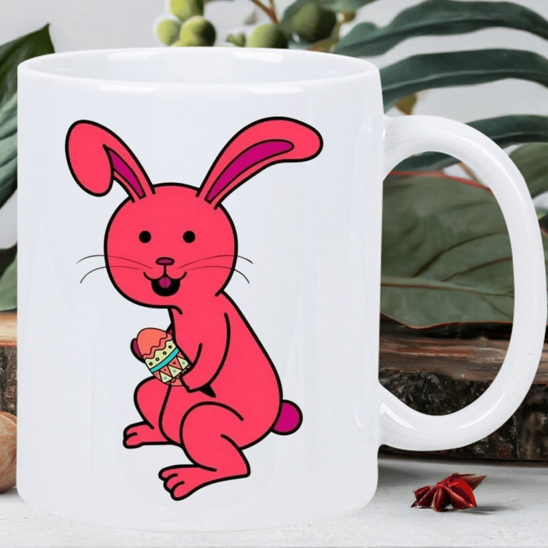 Tailorly White Ceramic 11 oz Mug - Adorable Pink Cartoon Bunny Holding A Decorated Colorful Easter Egg Rabbit