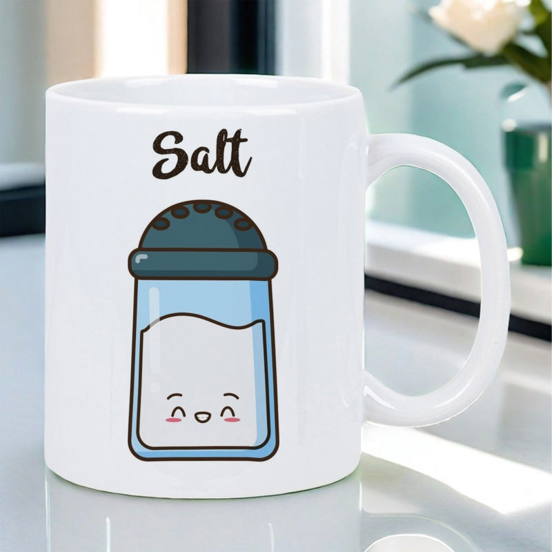 Tailorly White Ceramic 11 oz Mug - Salt Cute Cartoon Shaker With Friendly Smiling Face Under Blue Lid Salt
