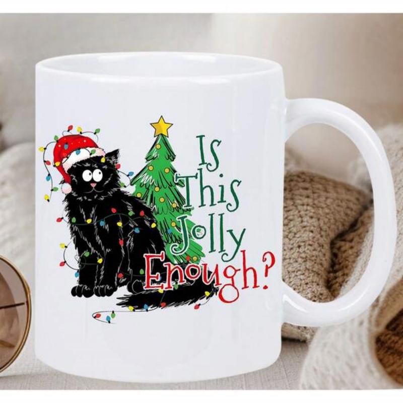 Tailorly White Ceramic 11 oz Mug - Is This Jolly Enough Festive Black Cat Wearing Santa Hat Wrapped In Colorful Christmas Lights Cat
