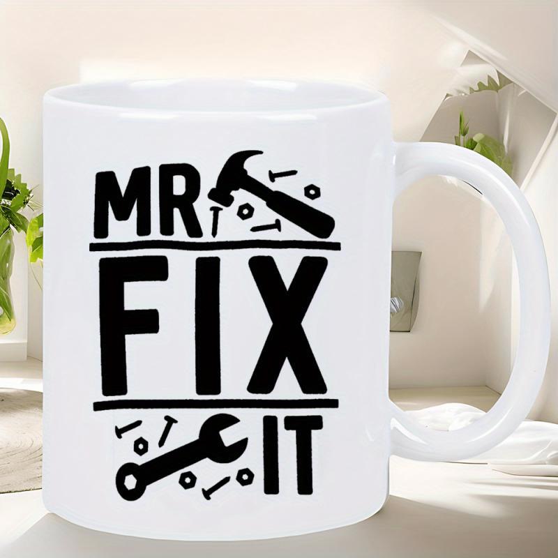 Tailorly White Ceramic 11 oz Mug - Mr Fix It Robust Industrial Hand Tools Featuring Sturdy Wrench And Screws Hammer