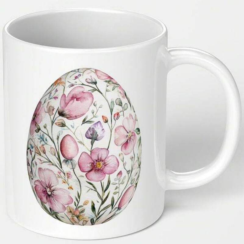 Tailorly White Ceramic 11 oz Mug - Beautiful Watercolor Pink Flowers And Green Leaves Nestled Inside An Elegant Floral Egg