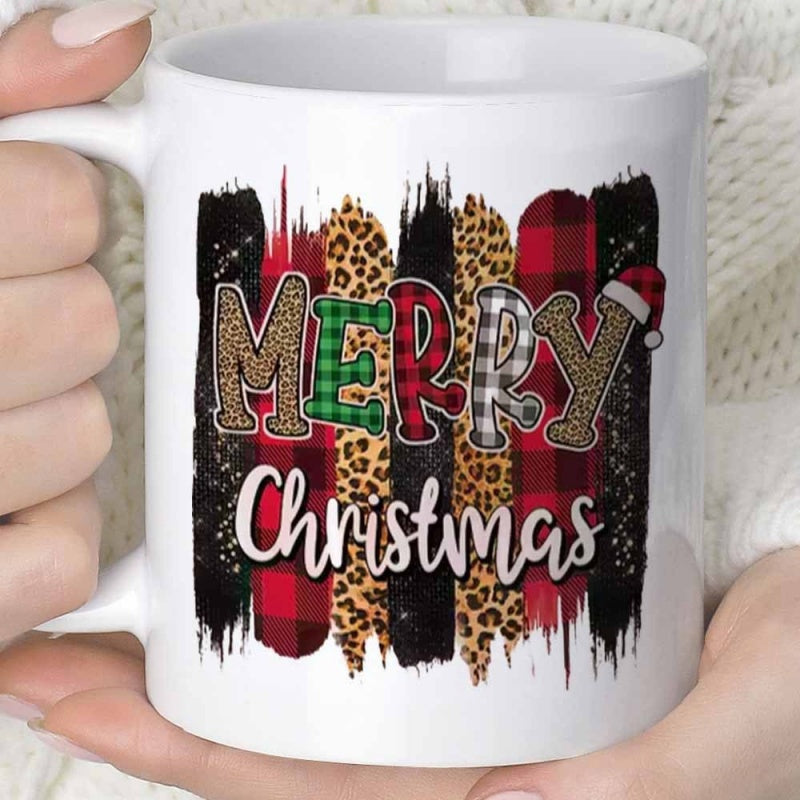 Tailorly White Ceramic 11 oz Mug - Merry Christmas Festive Vertical Brush Strokes With Buffalo Plaid And Leopard Patterns Mug