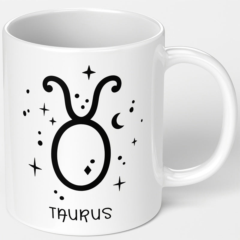 Tailorly White Ceramic 11 oz Mug - Taurus Minimalist Celestial Zodiac Symbol With Twinkling Stars And Crescent Moon Taurus