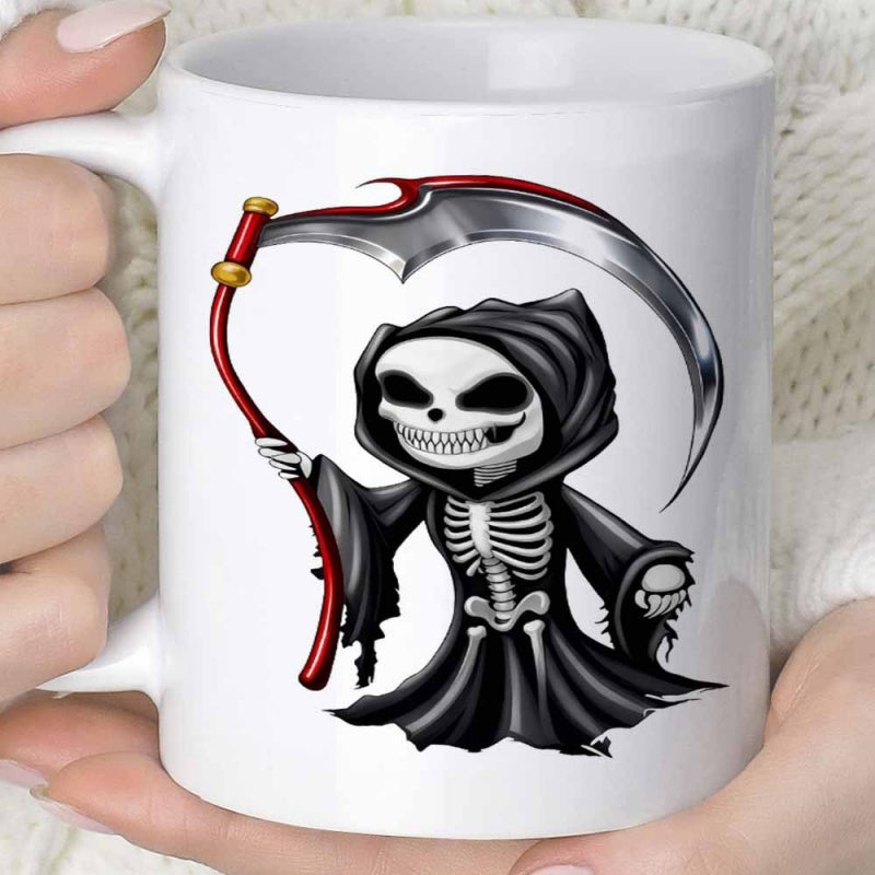 Tailorly White Ceramic 11 oz Mug - Cute Cartoon Skeleton Wearing Black Hooded Cloak Holding Sharp Metallic Scythe Reaper