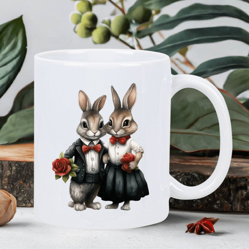 Tailorly White Ceramic 11 oz Mug - Elegant Couple Dressed In Formal Suits Holding Red Roses Rabbit