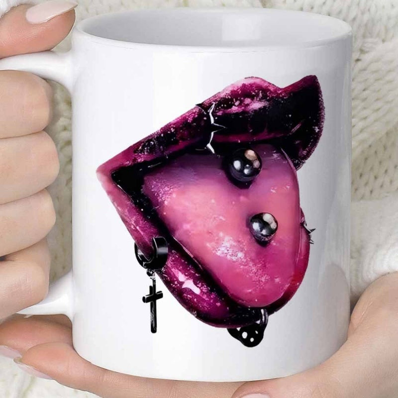 Tailorly White Ceramic 11 oz Mug - Dark Glossy Texture With Metallic Piercings And Cross Dangling Under Purple Lips