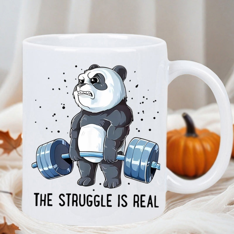 Tailorly White Ceramic 11 oz Mug - The Struggle Is Real Strong Muscular Fitness Panda Lifting Heavy Blue Metal Barbell Panda