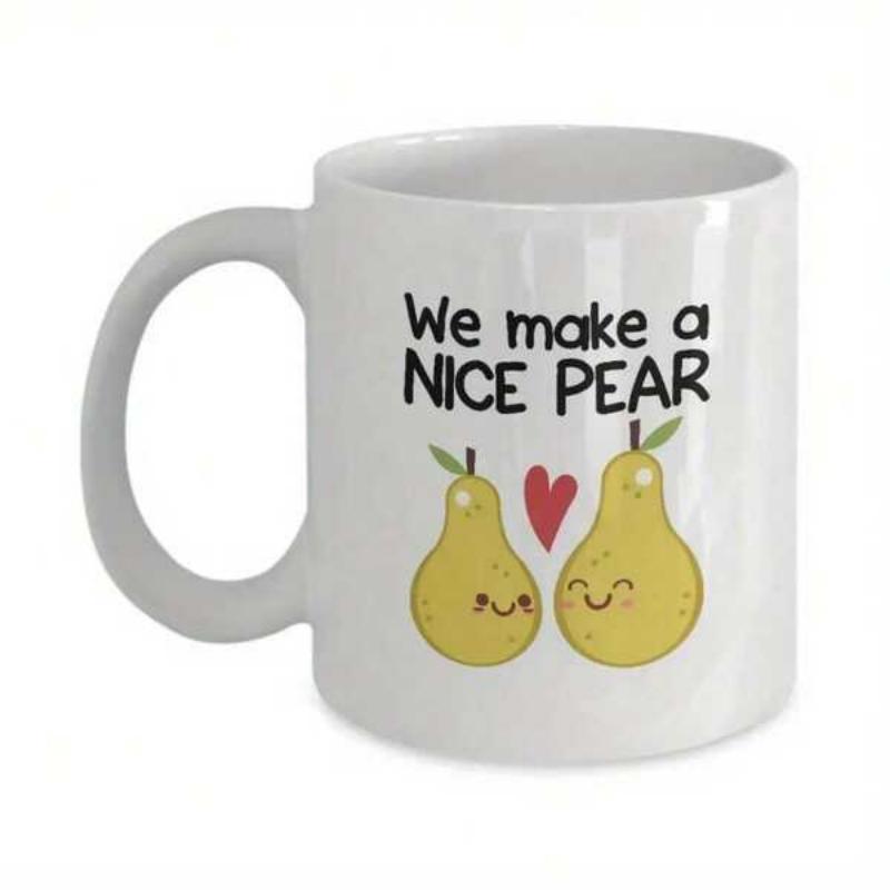 Tailorly White Ceramic 11 oz Mug - We Make A Nice Pear Smiling Yellow Cartoon Fruit With Small Red Heart Among Them Pear