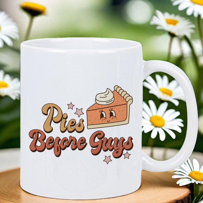 Tailorly White Ceramic 11 oz Mug - Pies Before Guys Cartoon Slice With Whipped Cream And Small Twinkling Retro Stars Pie