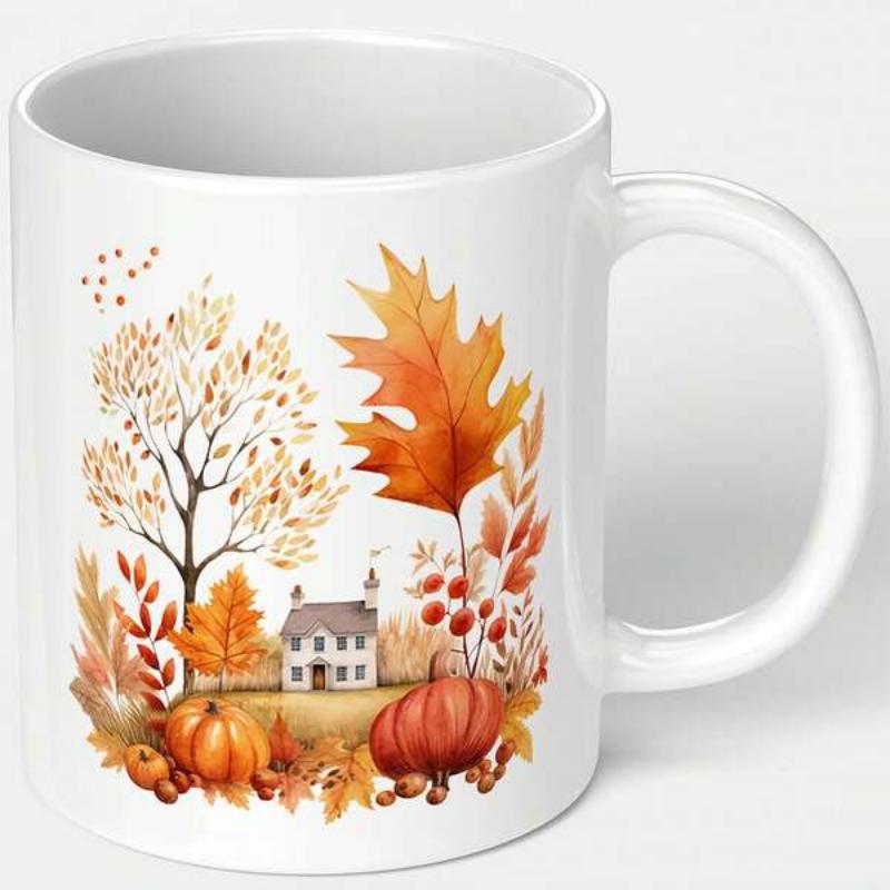 Tailorly White Ceramic 11 oz Mug - Vibrant Autumn Leaves With Pumpkins And Trees Around A Small Cozy Cottage