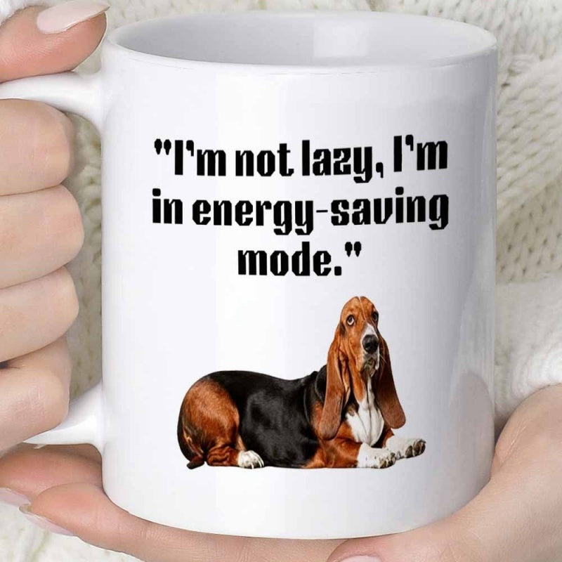 Tailorly White Ceramic 11 oz Mug - Im Not Lazy Im In Energy Saving Mode Resting Basset Hound Dog On A Flat White Surface Dog