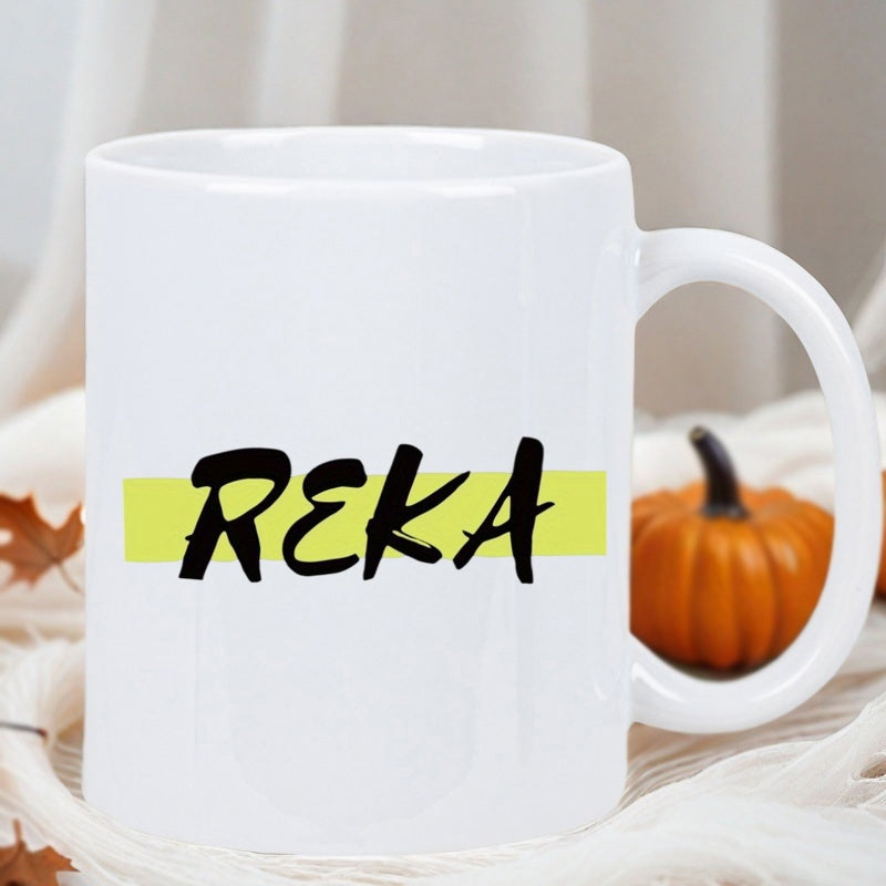 Tailorly White Ceramic 11 oz Mug - Reka Simple Minimalist Design Featuring A Horizontal Yellow Stripe And Bold Script Mug