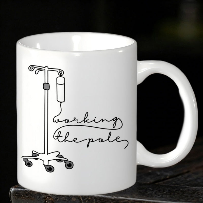 Tailorly White Ceramic 11 oz Mug - Working The Pole Minimalist Medical Equipment Infusion Bag Stand With Rolling Wheels IV Pole
