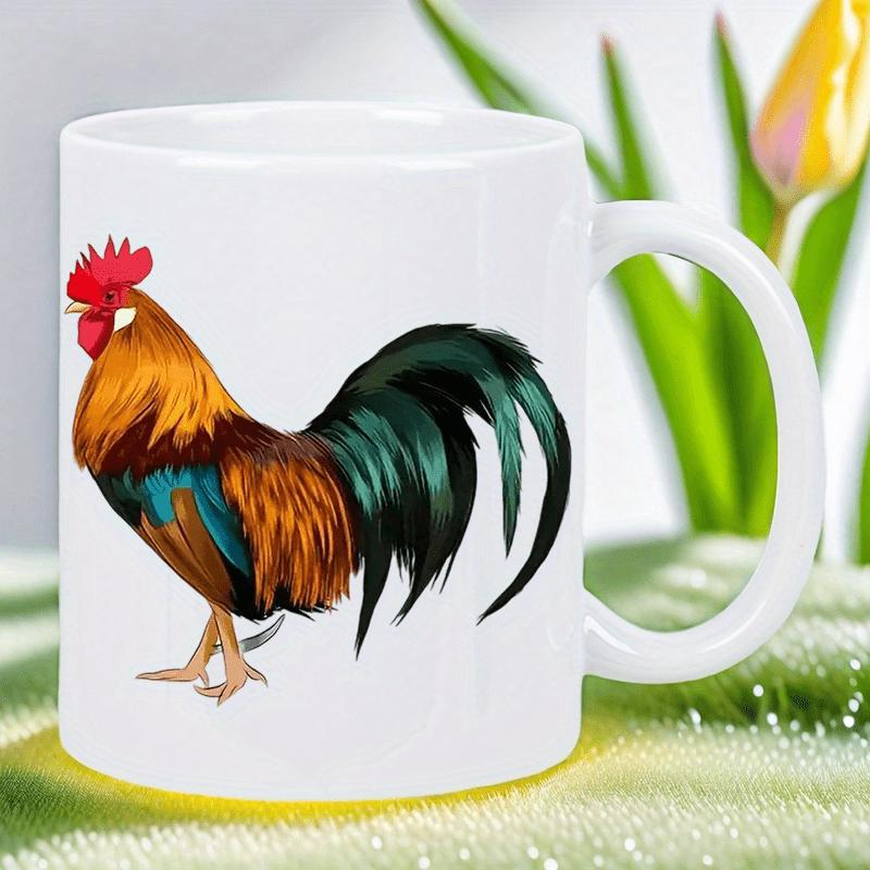 Tailorly White Ceramic 11 oz Mug - Vibrant Colorful Feathers Standing On White Background Farm Animal Rooster