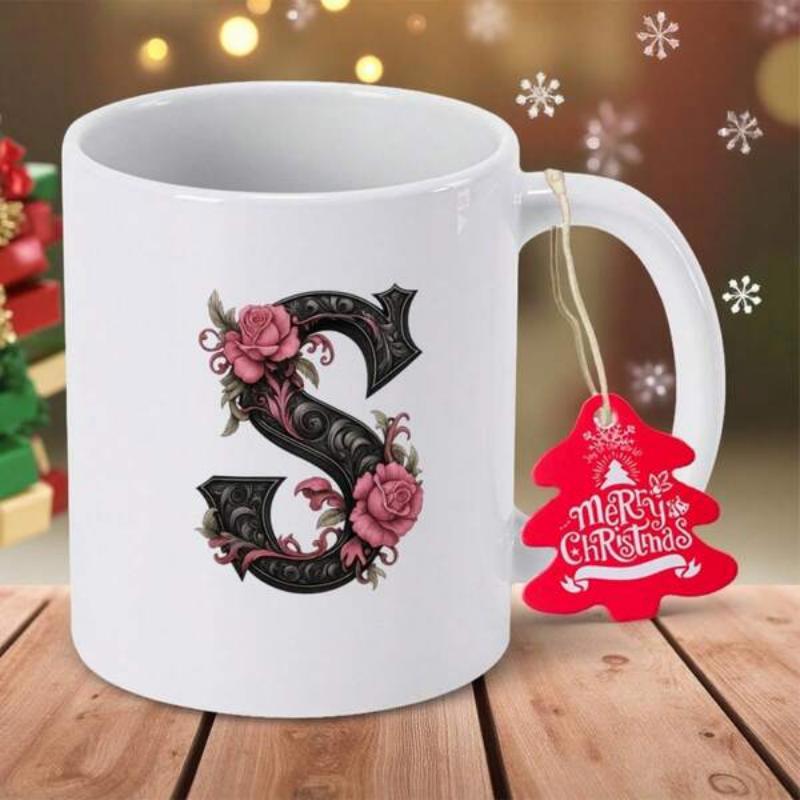 Tailorly White Ceramic 11 oz Mug - S Merry Christmas Ornate Black Letter S Wrapped In Delicate Pink Roses And Greenery Mug