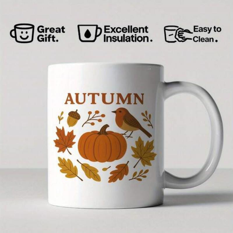 Tailorly White Ceramic 11 oz Mug - Autumn Seasonal Harvest Pumpkin With Little Bird Among Falling Crisp Golden Leaves Mug