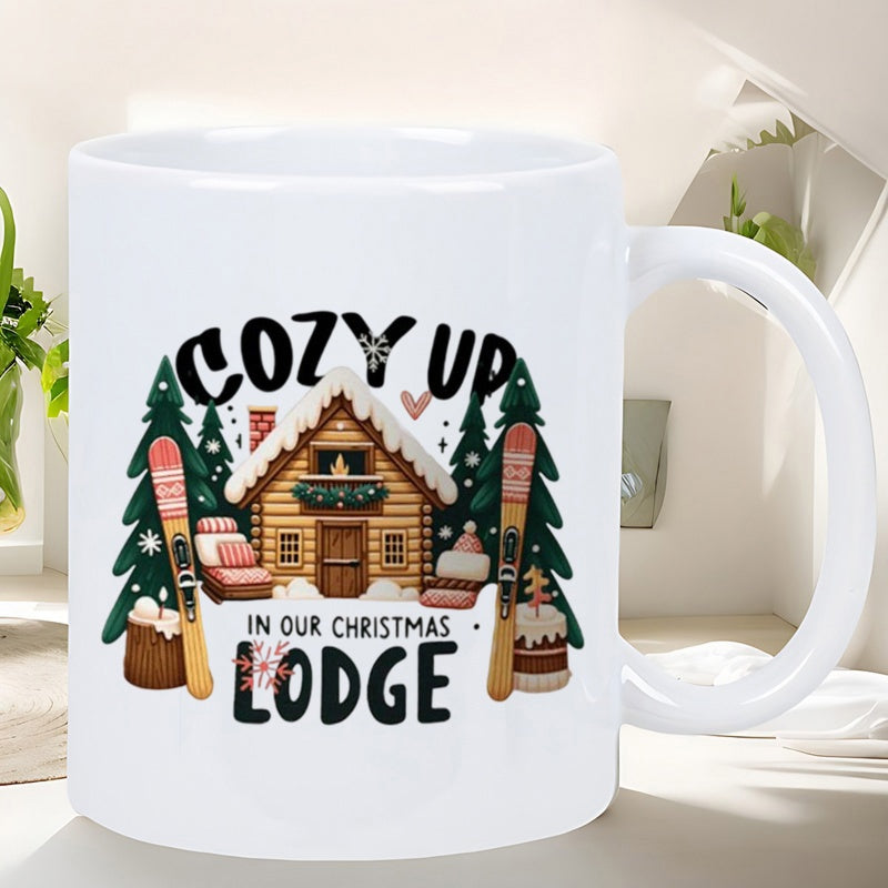 Tailorly White Ceramic 11 oz Mug - Cozy Up In Our Christmas Lodge Snowy Winter Scene Featuring Tall Pine Trees And Vertical Skis Lodge
