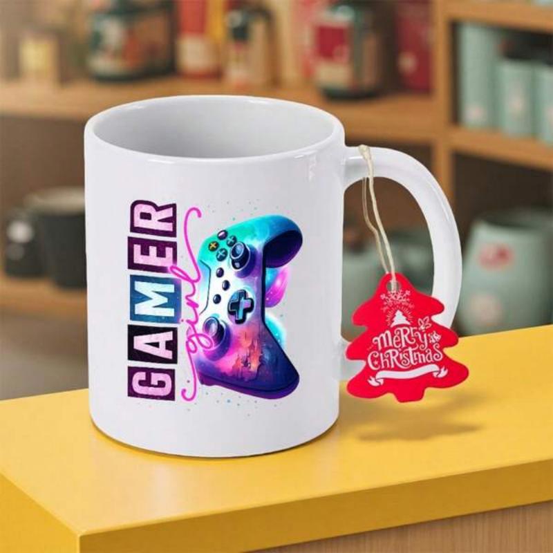 Tailorly White Ceramic 11 oz Mug - Gamer Girl Vibrant Galaxy Nebula Pattern With Glowing Lights Video Game Controller