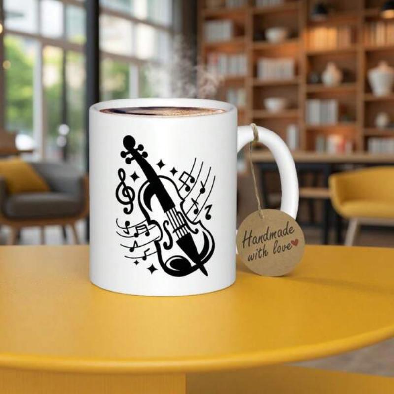 Tailorly White Ceramic 11 oz Mug - Elegant Black Artistic Silhouette Among Floating Musical Notes And Shimmering Stars Violin