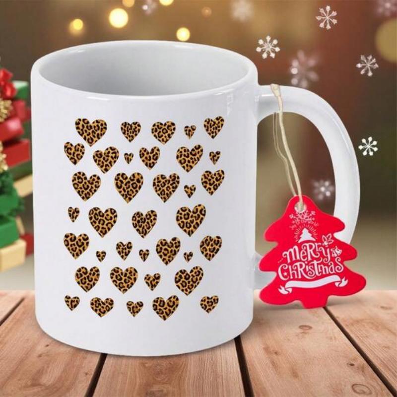 Tailorly White Ceramic 11 oz Mug - Merry Christmas Wild Leopard Animal Skin Texture Inside Many Scattered Small Decorative Heart