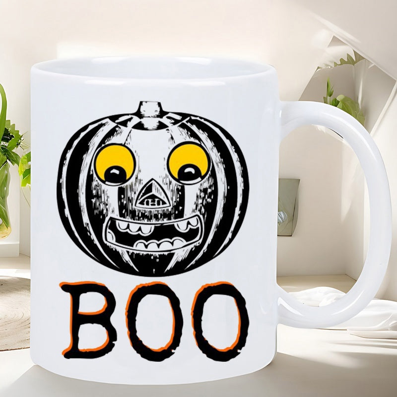 Tailorly White Ceramic 11 oz Mug - Boo Vintage Distressed Style Jack O Lantern With Expressive Large Yellow Eyes Pumpkin
