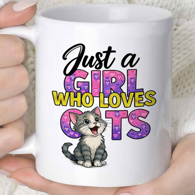 Tailorly White Ceramic 11 oz Mug - Just A Girl Who Loves Cats Adorable Smiling Grey Tabby Kitten Sitting Peacefully On Clean White Background Cat