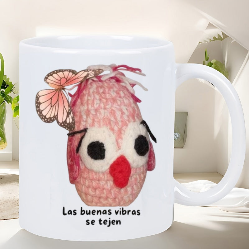 Tailorly White Ceramic 11 oz Mug - Crochet Textured Pink Owl With Delicate Butterfly Resting On Head Owl