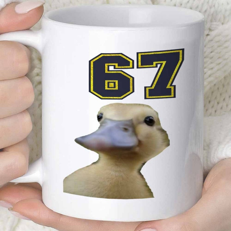 Tailorly White Ceramic 11 oz Mug - Sixty Seven Cute Yellow Duckling Looking Forward Below Bold Sporty Collegiate Numbers Duck