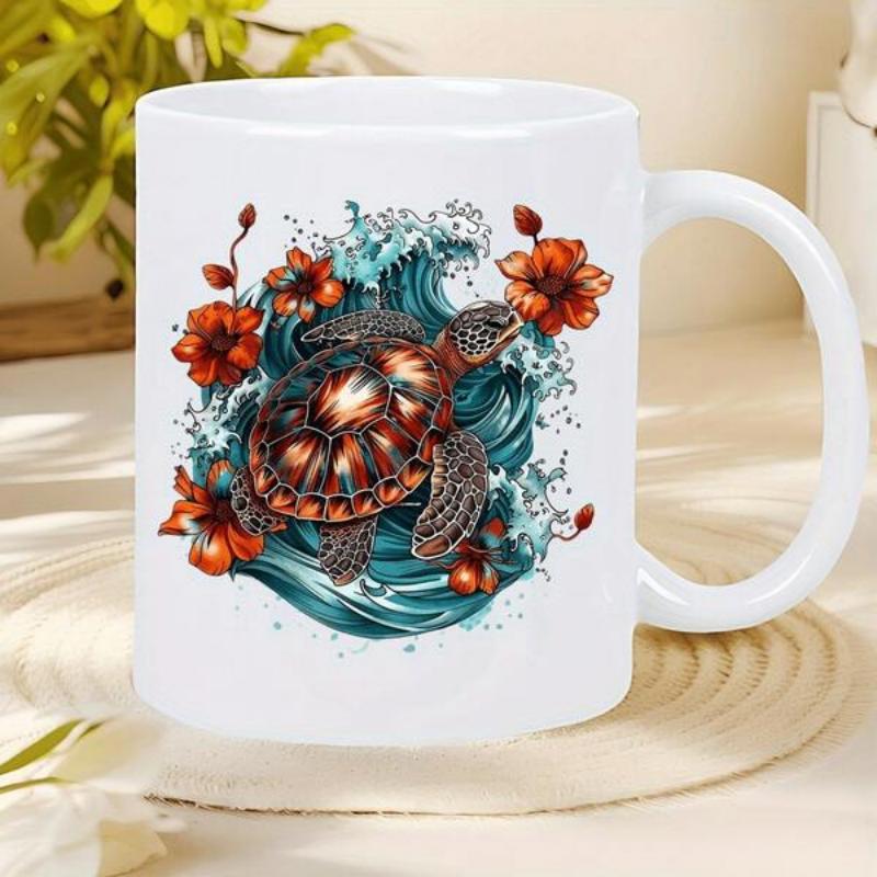 Tailorly White Ceramic 11 oz Mug - Ocean Waves Crashing Around Vibrant Hibiscus Flowers And Majestic Sea Turtle