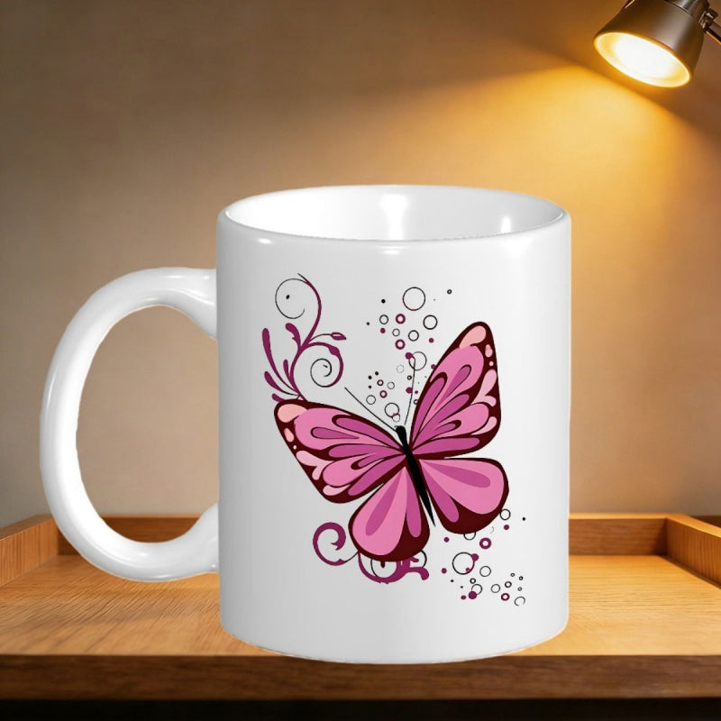 Tailorly White Ceramic 11 oz Mug - Elegant Pink Winged Insect With Decorative Swirls And Subtle Bubbles Butterfly