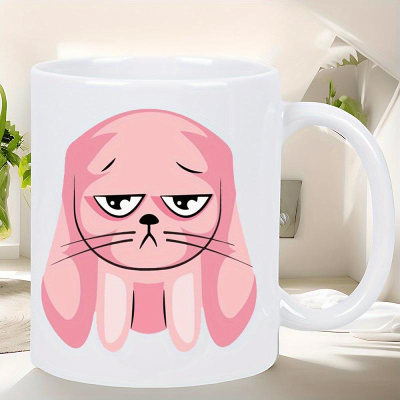 Tailorly White Ceramic 11 oz Mug - Grumpy Pink Cartoon Bunny With Long Drooping Ears And Sad Expression Rabbit