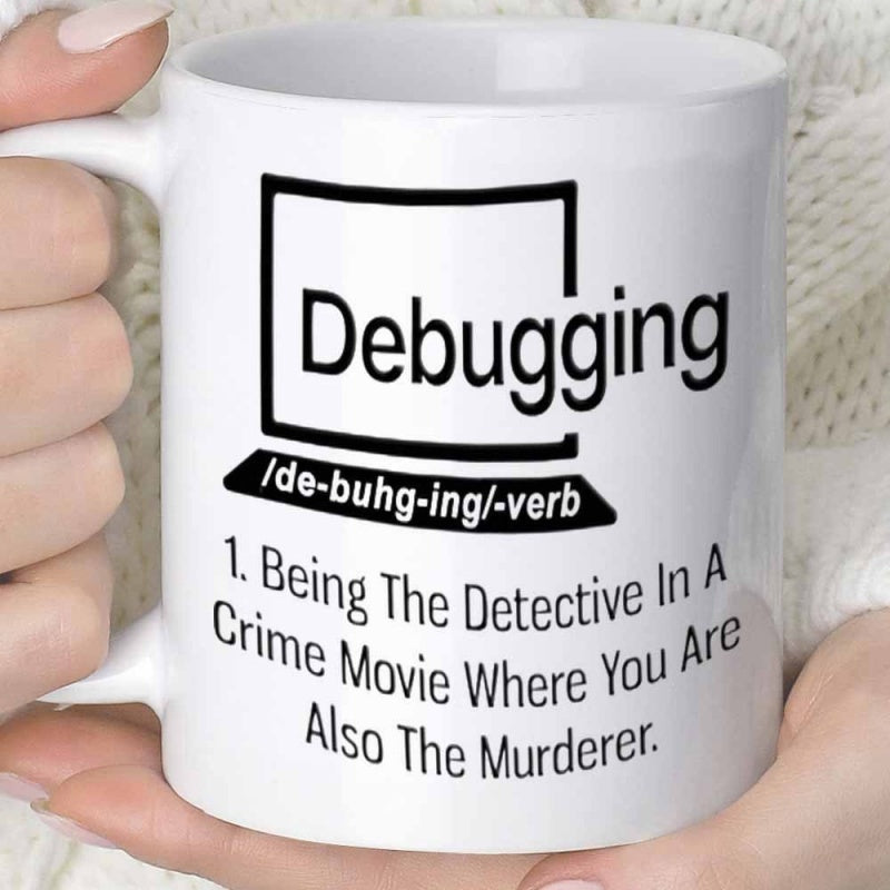 Tailorly White Ceramic 11 oz Mug - Debugging Being The Detective In A Crime Movie Where You Are Also The Murderer Minimalist Black Line Frame Outline Depicting A