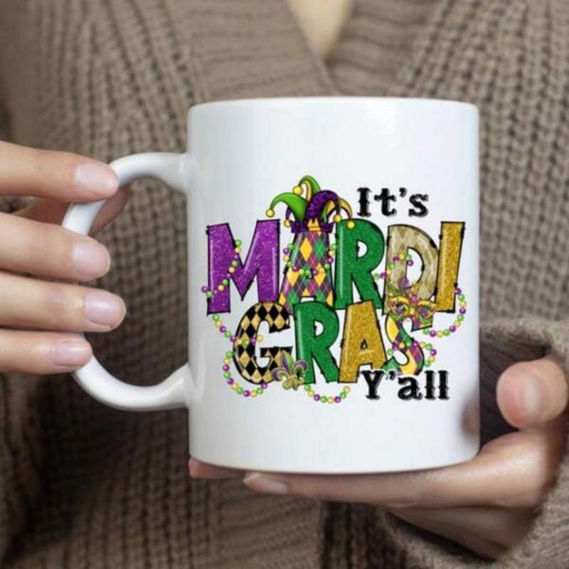 Tailorly White Ceramic 11 oz Mug - Its Mardi Gras Yall Festive Purple Green And Gold Patterned Letters With Jester Hat Mug