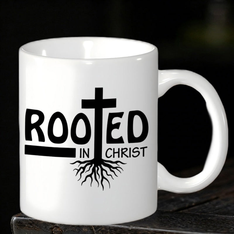 Tailorly White Ceramic 11 oz Mug - Rooted In Christ Strong Black Symbolic Religious Icon Growing Deep Into The Ground Cross