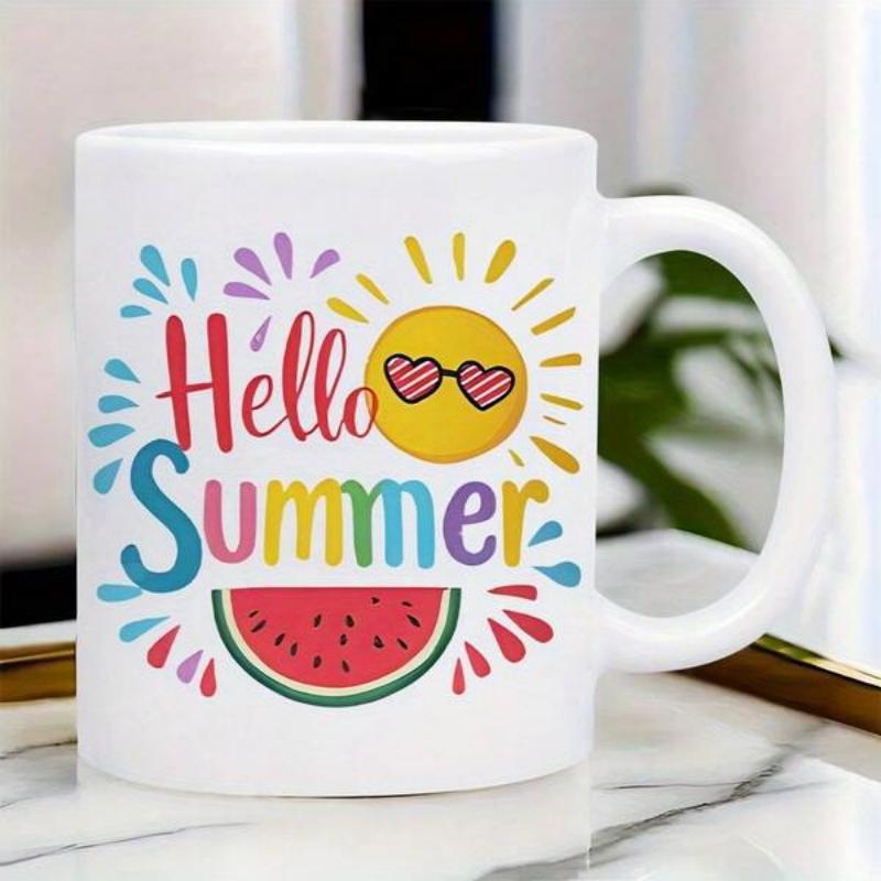 Tailorly White Ceramic 11 oz Mug - Hello Summer Vibrant Colorful Illustration Of Smiling Sun Wearing Sunglasses And Watermelon Mug