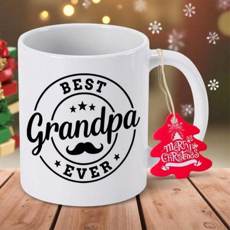 Tailorly White Ceramic 11 oz Mug - Best Grandpa Ever Circular Badge Design Featuring Elegant Script And A Classic Mustache Mug