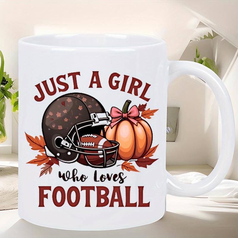 Tailorly White Ceramic 11 oz Mug - Just A Girl Who Loves Football Autumn Pumpkin Resting Near Sporty Helmet Among Fallen Maple Leaves Football