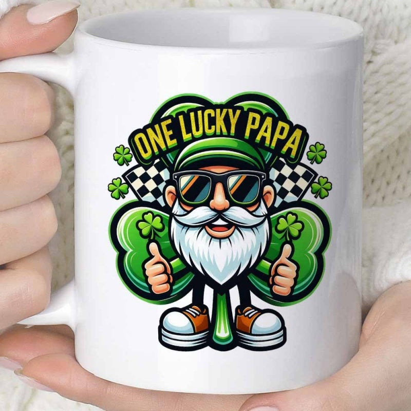 Tailorly White Ceramic 11 oz Mug - One Lucky Papa Cool Bearded Man Wearing Sunglasses With Green Shamrocks And Checkered Flags Gnome