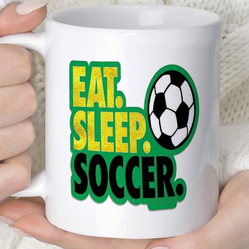 Tailorly White Ceramic 11 oz Mug - Eat Sleep Soccer Vibrant Green And Yellow Typography Featuring A Traditional Patterned Soccer Ball