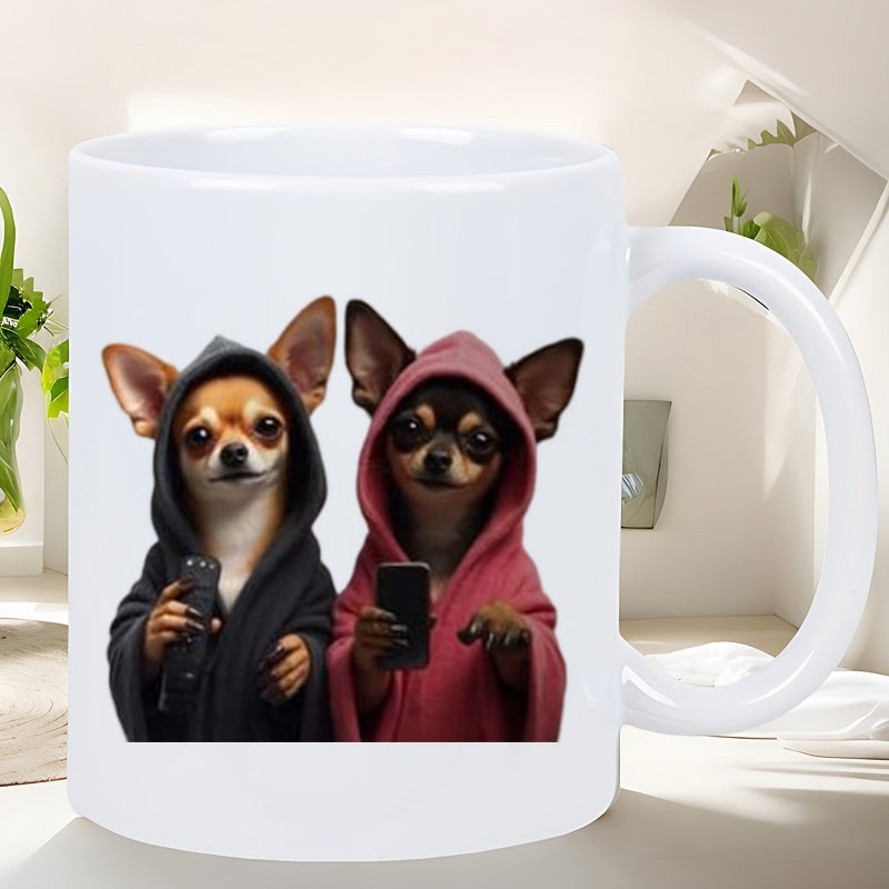 Tailorly White Ceramic 11 oz Mug - Two Adorable Chihuahuas Wearing Colorful Hoodies Holding Small Electronic Devices Chihuahua