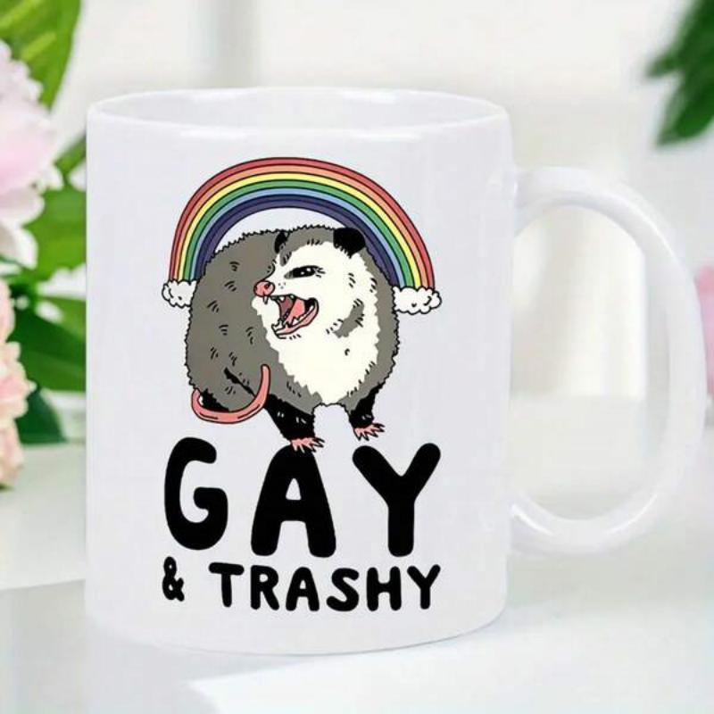 Tailorly White Ceramic 11 oz Mug - Gay Trashy Hand Drawn Style Standing Beneath A Colorful Vibrant Rainbow Opossum
