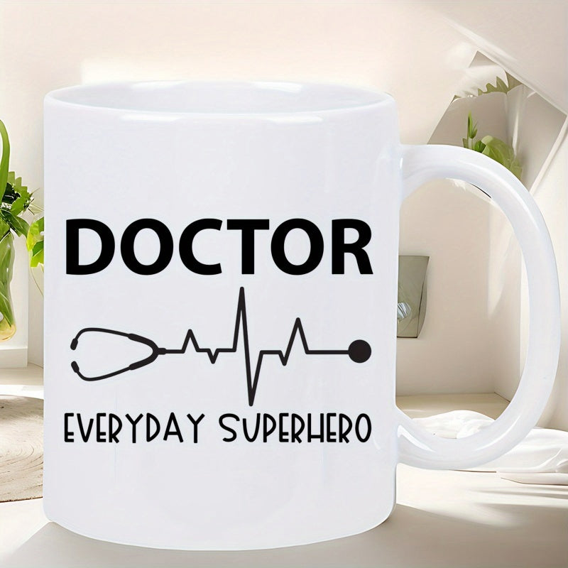 Tailorly White Ceramic 11 oz Mug - Doctor Everyday Superhero Elegant Medical Heartbeat Rhythm Line Flowing From A Stethoscope