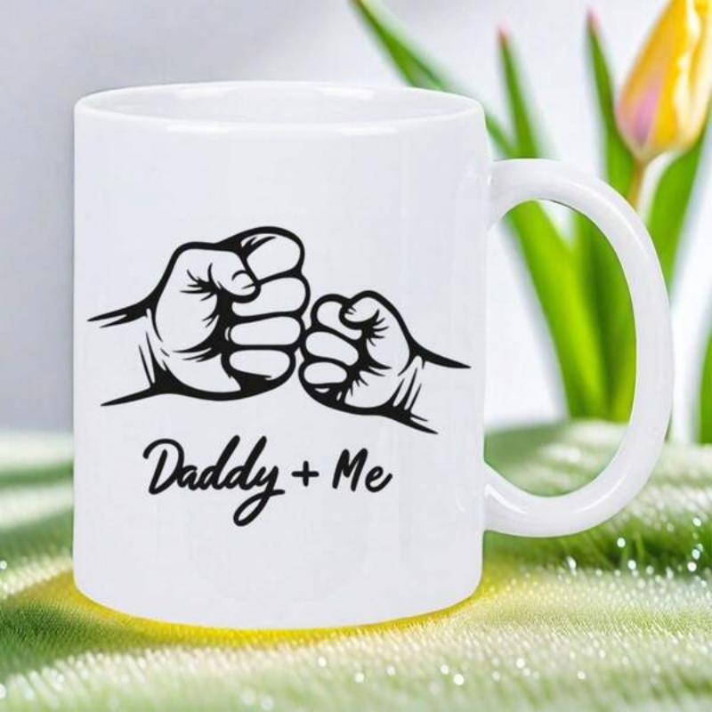 Tailorly White Ceramic 11 oz Mug - Daddy Me Heartwarming Minimalist Black Line Art Of Father And Child Fist Bump
